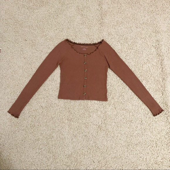 🍁 AEO Lettuce Trim Knit Long Sleeve Button Up Crop - Picture 2 of 4